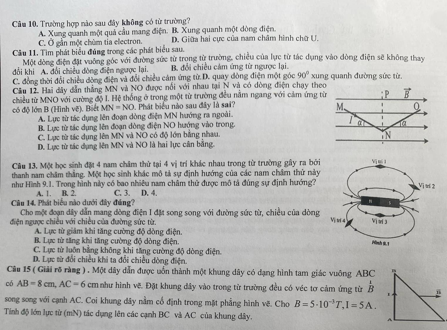 Trường hợp nào sau đây không có từ trường?
A. Xung quanh một quả cầu mang điện. B. Xung quanh một dòng điện.
C. Ở gần một chùm tia electron. D. Giữa hai cực của nam châm hình chữ U.
Câu 11. Tìm phát biểu đúng trong các phát biểu sau.
Một dòng điện đặt vuông góc với đường sức từ trong từ trường, chiều của lực từ tác dụng vào dòng điện sẽ không thay
đổi khi A. đổi chiều dòng điện ngược lại. B. đổi chiều cảm ứng từ ngược lại.
C. đồng thời đổi chiều dòng điện và đổi chiều cảm ứng từ.D. quay dòng điện một góc 90° xung quanh đường sức từ.
Câu 12. Hai dây dẫn thẳng MN và NO được nối với nhau tại N và có dòng điện chạy theo
chiều từ MNO với cường độ I. Hệ thống ở trong một từ trường đều nằm ngang với cảm ứng từ
có độ lớn B (Hình vẽ). Biết MN=NO. Phát biểu nào sau đây là sai?
A. Lực từ tác dụng lên đoạn dòng điện MN hướng ra ngoài.
B. Lực từ tác dụng lên đoạn dòng điện NO hướng vào trong.
C. Lực từ tác dụng lên MN và NO có độ lớn bằng nhau.
D. Lực từ tác dụng lên MN và NO là hai lực cân bằng.
Câu 13. Một học sinh đặt 4 nam châm thử tại 4 vị trí khác nhau trong từ trường gây ra bởi
thanh nam châm thắng. Một học sinh khác mô tả sự định hướng của các nam châm thứ này
như Hình 9.1. Trong hình này có bao nhiêu nam châm thử được mô tả đúng sự định hướng?
A. 1. B. 2. C. 3. D. 4.
Câu 14. Phát biểu nào dưới đây đúng? 
Cho một đoạn dây dẫn mang dòng điện I đặt song song với đường sức từ, chiều của dòng
điện ngược chiều với chiều của đường sức từ. 
A. Lực từ giảm khi tăng cường độ dòng điện.
B. Lực từ tăng khi tăng cường độ dòng điện.
C. Lực từ luôn bằng không khi tăng cường độ dòng điện.
D. Lực từ đổi chiều khi ta đổi chiều dòng điện.
Câu 15 ( Giải rõ ràng ) . Một dây dẫn được uốn thành một khung dây có dạng hình tam giác vuông ABC
có AB=8cm,AC=6 cm như hình vẽ. Đặt khung dây vào trong từ trường đều có véc tơ cảm ứng từ beginarrayr 1 Bendarray
song song với cạnh AC. Coi khung dây nằm cố định trong mặt phẳng hình vẽ. Cho B=5· 10^(-3)T,I=5A.
Tính độ lớn lực từ (mN) tác dụng lên các cạnh BC và AC của khung dây.