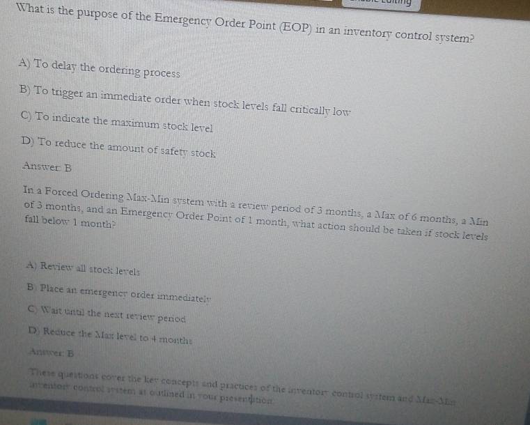Solved: What is the purpose of the Emergency Order Point (EOP) in an ...