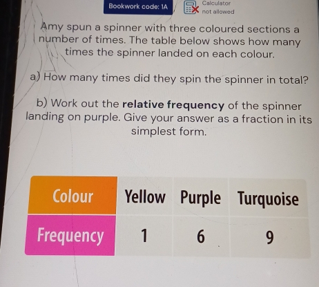 Bookwork code: 1A not allowed Calculator 
Amy spun a spinner with three coloured sections a 
number of times. The table below shows how many 
times the spinner landed on each colour. 
a) How many times did they spin the spinner in total? 
b) Work out the relative frequency of the spinner 
landing on purple. Give your answer as a fraction in its 
simplest form.