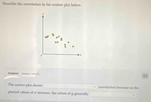 Describe the correlation in the scatter plot below.
y
8
8
。 
。
x
Answer Athempt a out of a 
The scatter plot shows correlation because as the 
plotted values of z increase, the values of y generally