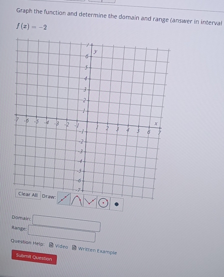 Graph the function and determine the domain and range (answer in interval
f(x)=-2
Domain: □
Range: □
Question Help: Video Written Example
Submit Question