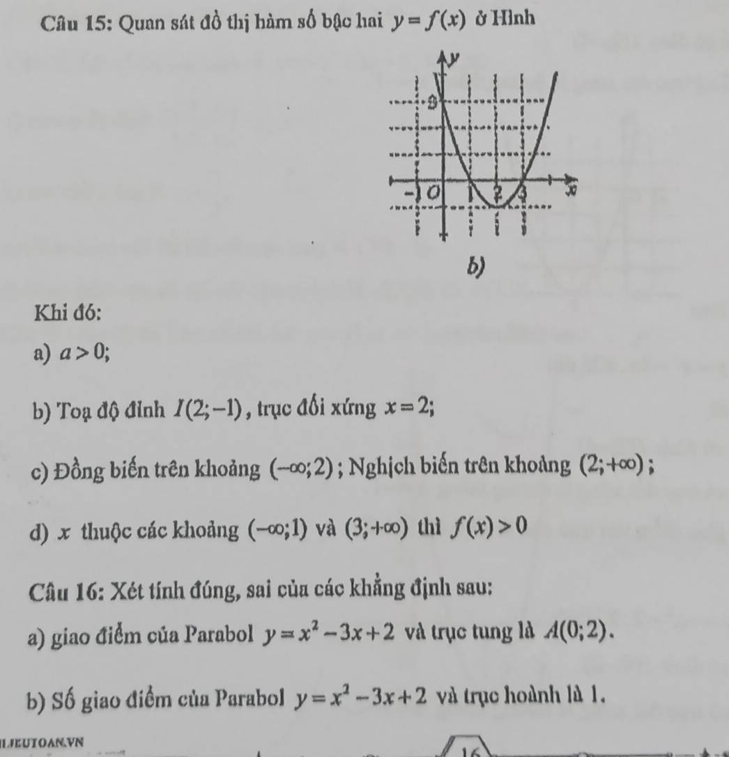 Quan sát đồ thị hàm số bậc hai y=f(x) ở Hình 
b) 
Khi đó: 
a) a>0; 
b) Toạ độ đỉnh I(2;-1) , trục đổi xứng x=2; 
c) Đồng biến trên khoảng (-∈fty ;2); Nghịch biến trên khoảng (2;+∈fty ) : 
d) x thuộc các khoảng (-∈fty ;1) và (3;+∈fty ) thì f(x)>0
Câu 16: Xét tính đúng, sai của các khẳng định sau: 
a) giao điểm của Parabol y=x^2-3x+2 và trục tung là A(0;2). 
b) Số giao điểm của Parabol y=x^2-3x+2 và trục hoành là 1. 
LIEUTOAN.VN