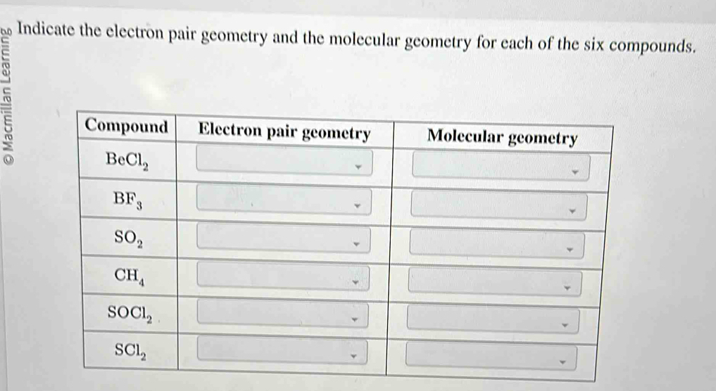 Indicate the electron pair geometry and the molecular geometry for each of the six compounds.