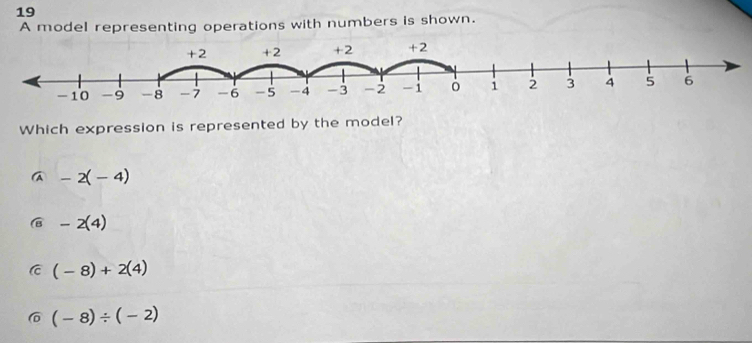 A model representing operations with numbers is shown.
Which expression is represented by the model?
-2(-4)
B -2(4)
(-8)+2(4)
(-8)/ (-2)