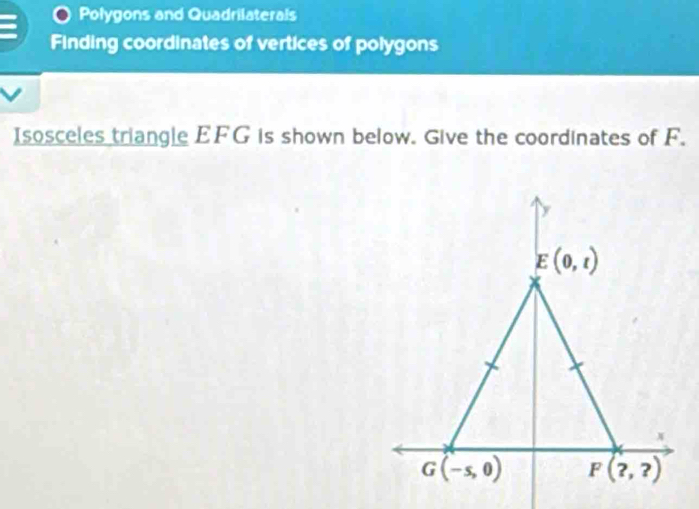 Polygons and Quadrilaterals
Finding coordinates of vertices of polygons
Isosceles triangle EFG is shown below. Give the coordinates of F.