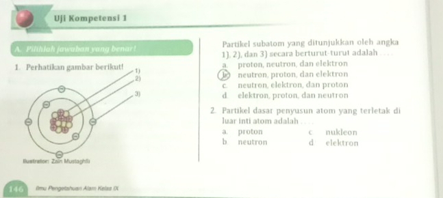 Uji Kompetensi 1
A. Pilihlah jawaban yang benar! Partikel subatom yang ditunjukkan oleh angka
1). 2), dan 3) secara berturut-turut adalah ….
a proton, neutron, dan elektron
b neutron, proton, dan elektron
c. neutron, elektron, dan proton
d elektron, proton, dan neutron
2. Partikel dasar penyusun atom yang terletak di
luar inti atom adalah_
a. proton c nukleon
b neutron d elektron
146 Ilmu Pengetahuan Alam Kelaz IX