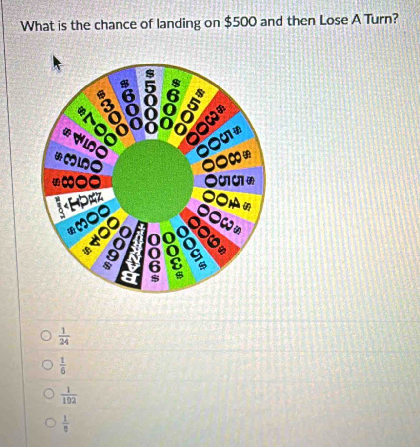 What is the chance of landing on $500 and then Lose A Turn?
 1/24 
 1/6 
 1/192 
 1/8 