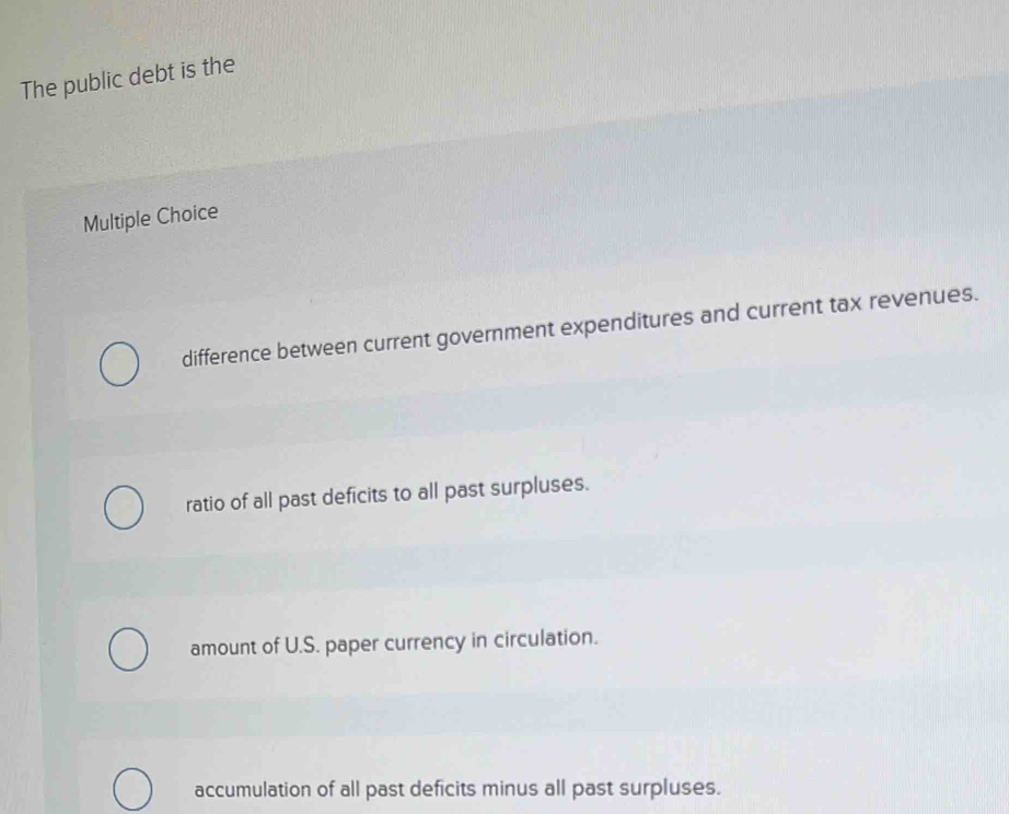 The public debt is the
Multiple Choice
difference between current government expenditures and current tax revenues.
ratio of all past deficits to all past surpluses.
amount of U.S. paper currency in circulation.
accumulation of all past deficits minus all past surpluses.