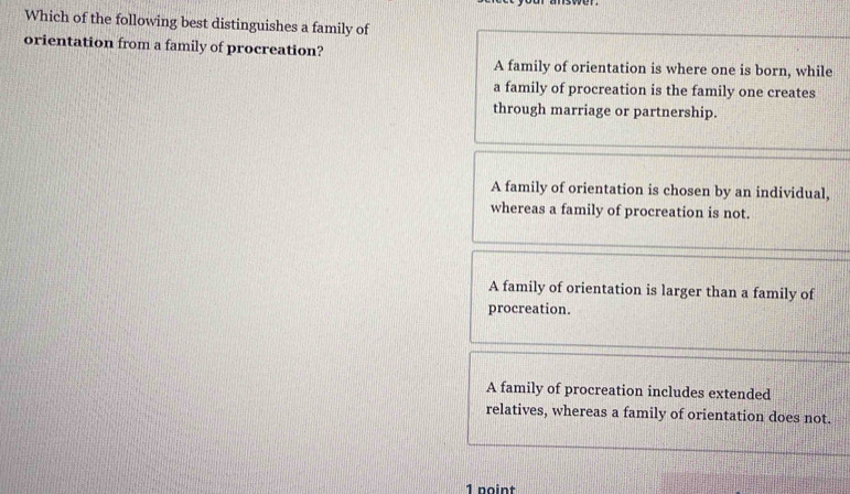 Which of the following best distinguishes a family of
orientation from a family of procreation?
A family of orientation is where one is born, while
a family of procreation is the family one creates
through marriage or partnership.
A family of orientation is chosen by an individual,
whereas a family of procreation is not.
A family of orientation is larger than a family of
procreation.
A family of procreation includes extended
relatives, whereas a family of orientation does not.
1 point