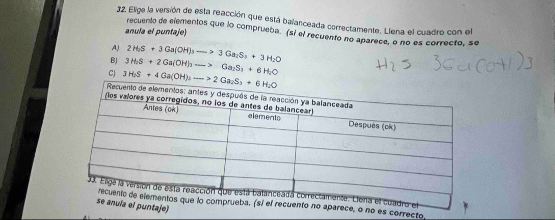 Elige la versión de esta reacción que está balanceada correctamente. Llena el cuadro con el
anula el puntaje)
recuento de elementos que lo comprueba. (si el recuento no aparece, o no es correcto, se
A) 2H_2S+3Ga(OH)_3to 3Ga_2S_3+3H_2O
B) 3H_2S+2Ga(OH)_3to 6a_2S_3+6H_2O
C)
no es correcto,