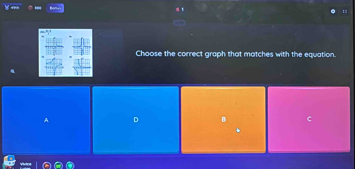 19th 880 Bonus
f(x)= (3x-6)/x 
A 
。D 
Choose the correct graph that matches with the equation. 
D 
B 
Vivica