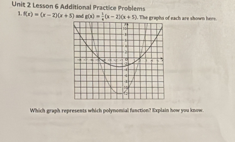 Lesson 6 Additional Practice Problems
1. f(x)=(x-2)(x+5) and g(x)= 1/4 (x-2)(x+5). The graphs of each are shown here.
Which graph represents which polynomial function? Explain how you know.