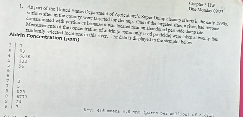 Chapter 3 HW 
Due Monday 09/23 
1. As part of the United States Department of Agriculture’s Super Dump cleanup efforts in the early 1990s, 
various sites in the country were targeted for cleanup. One of the targeted sites, a river, had become 
contaminated with pesticides because it was located near an abandoned pesticide dump site. 
Measurements of the concentration of aldrin (a commonly used pesticide) were taken at twenty-four 
randomly selected locations in this river. The data is displayed in the stemplot below. 
Aldrin Concentration (ppm)
3 7
4 03
4 6678
5 133
5 56
6
6
7 3
7 5
8 023
8 6777
9 24
9 7 Key: 4|6 means 4.6 ppm (parts per million) of aldrin