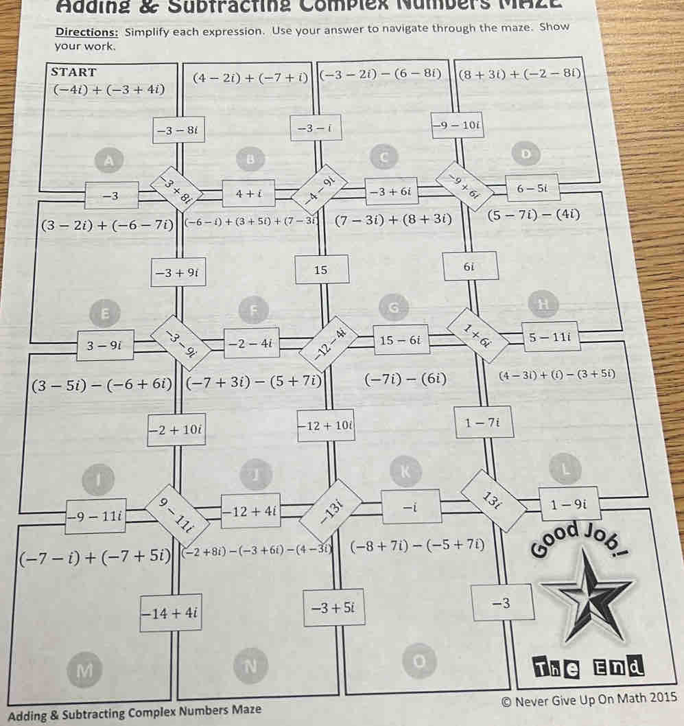 Adding & Sübtracting Compiex Numbers MHzE
Directions: Simplify each expression. Use your answer to navigate through the maze. Show
Adding & Subtracting Complex Numbers Maze © Never Give Up On Math 2015