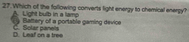 Which of the following converts light energy to chemical energy?
A. Light bulb in a lamp
Battery of a portable gaming device
C. Solar panels
D. Leaf on a tree