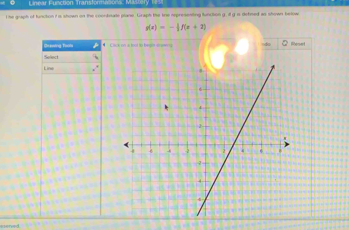 xt Linear Function Transformations: Mastery rest 
1 he graph of function f is shown on the coordinate plane. Graph the line representing function g, if g is defined as shown below.
g(x)=- 1/2 f(x+2)
Drawing Tools Click on a tool to begin drawing ndo Reset 
Select 
Line 
eserved.