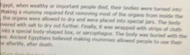 Egypt, when wealthy or important people died, their bodies were turned into 
Making a mummy required first removing most of the organs from inside the 
, the organs were allowed to dry and were placed into speciall fars. The body 
overed with salt to dry out further. Finally, it was wrapped with strips of coth 
into a special body-shaped box, or sarcophagus. The body was buried with the 
ans. Ancient Egyptians believed making mummies allowed people to use their 
he afterlife, after death.