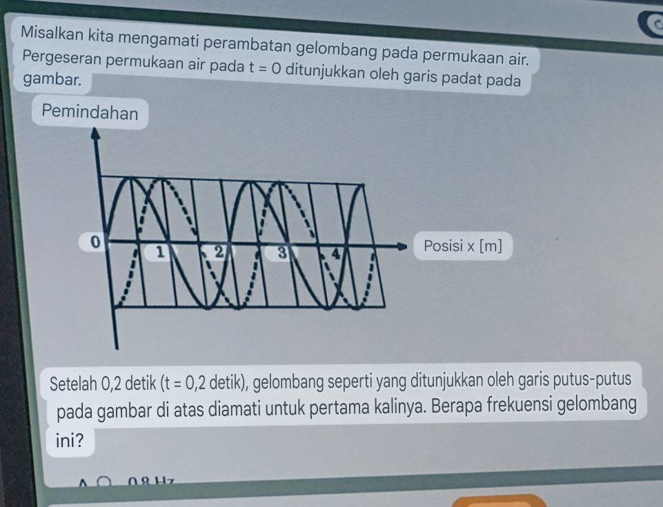 Misalkan kita mengamati perambatan gelombang pada permukaan air. 
Pergeseran permukaan air pada t=0 ditunjukkan oleh garis padat pada 
gambar. 
isi x [m]
Setelah 0,2 detik (t=0,2 detik), gelombang seperti yang ditunjukkan oleh garis putus-putus 
pada gambar di atas diamati untuk pertama kalinya. Berapa frekuensi gelombang 
ini?