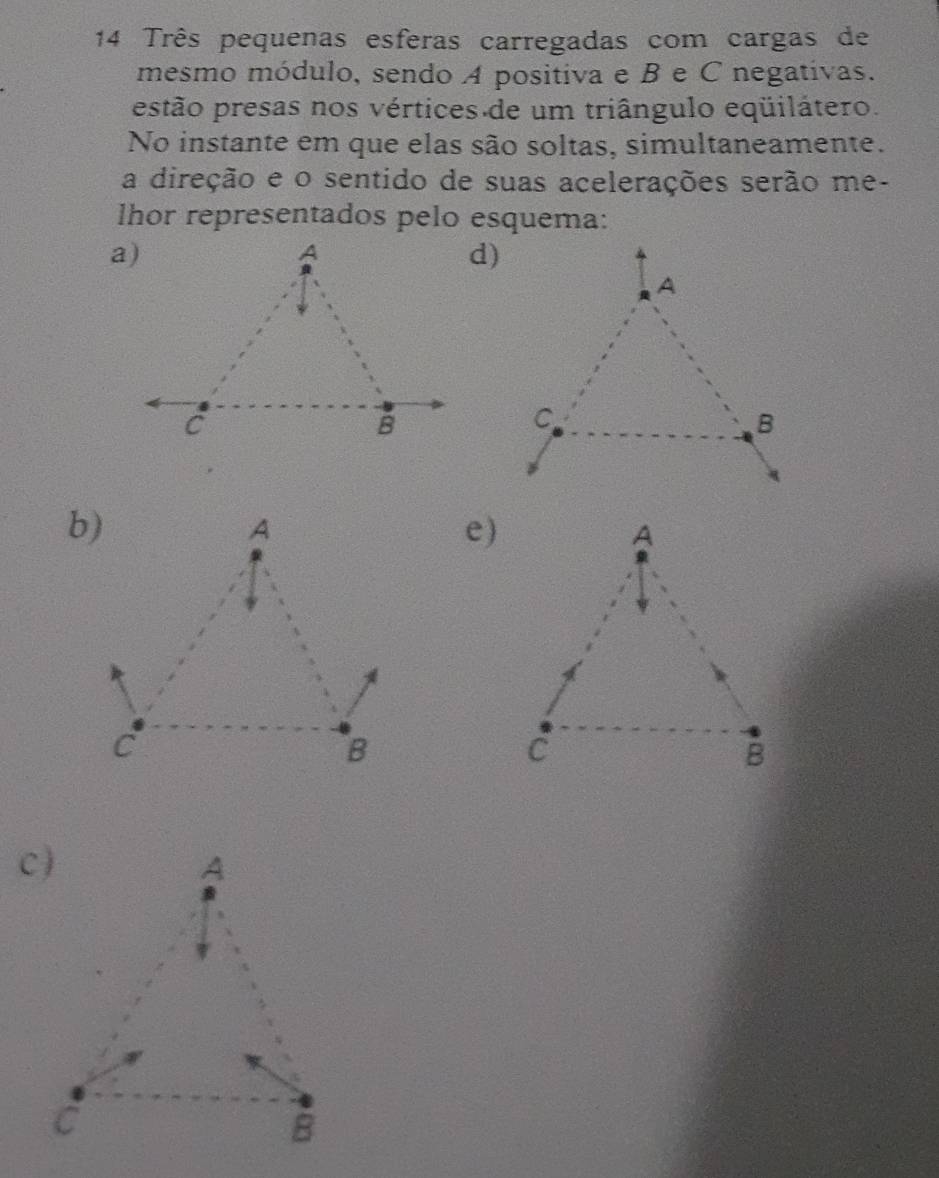 Três pequenas esferas carregadas com cargas de
mesmo módulo, sendo A positiva e B e C negativas.
estão presas nos vértices de um triângulo eqüilátero.
No instante em que elas são soltas, simultaneamente.
a direção e o sentido de suas acelerações serão me-
lhor representados pelo esquema:
d)
e)