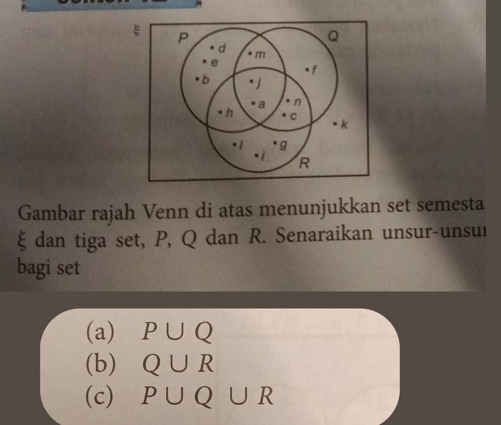 Gambar rajah Venn di atas menunjukkan set semesta 
ξ dan tiga set, P, Q dan R. Senaraikan unsur-unsur 
bagi set 
(a) P∪ Q
(b) Q∪ R
(c) P∪ Q∪ R