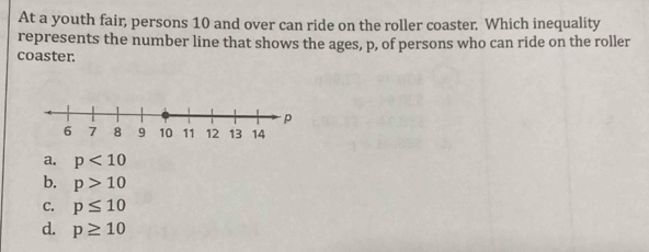 At a youth fair, persons 10 and over can ride on the roller coaster. Which inequality
represents the number line that shows the ages, p, of persons who can ride on the roller
coaster.
a. p<10</tex>
b. p>10
C. p≤ 10
d. p≥ 10