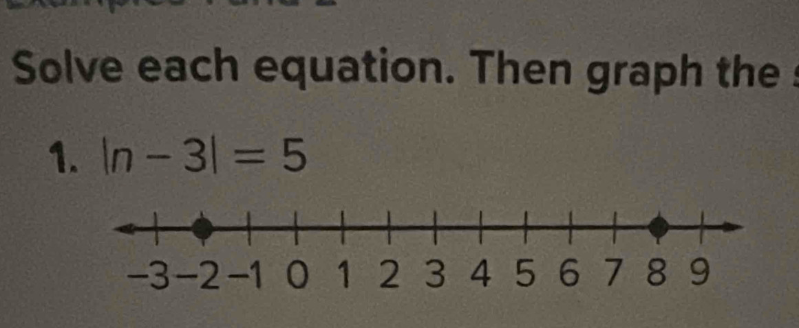 Solve each equation. Then graph the 
1. |n-3|=5