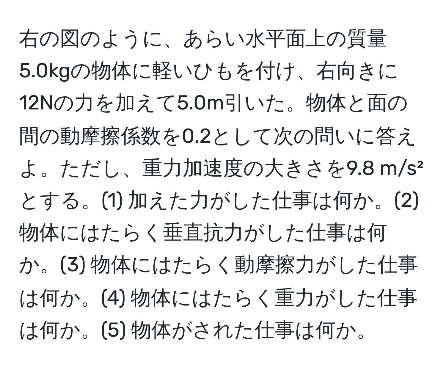 右の図のように、あらい水平面上の質量5.0kgの物体に軽いひもを付け、右向きに12Nの力を加えて5.0m引いた。物体と面の間の動摩擦係数を0.2として次の問いに答えよ。ただし、重力加速度の大きさを9.8 m/s²とする。(1) 加えた力がした仕事は何か。(2) 物体にはたらく垂直抗力がした仕事は何か。(3) 物体にはたらく動摩擦力がした仕事は何か。(4) 物体にはたらく重力がした仕事は何か。(5) 物体がされた仕事は何か。