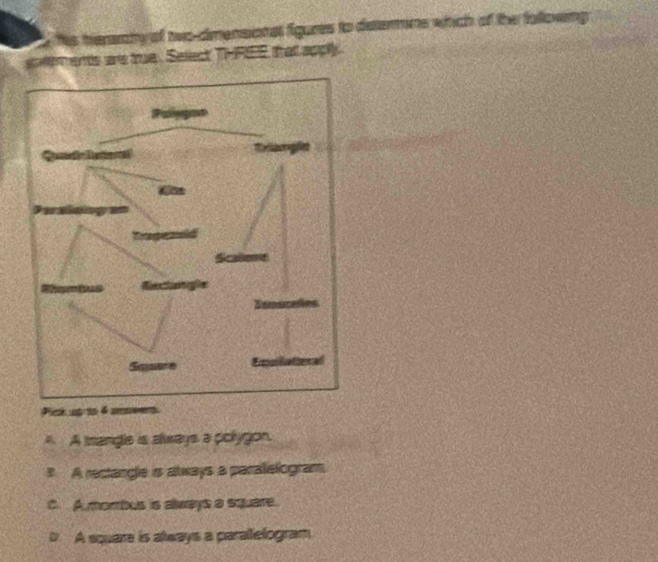 erty of two-dmensionat figures to deterns which of the following 
ents are true. Select THREE that apply
Plck up t 6 amees
A A mangls is always a polygon.
P A rectangle is always a paratelogram.
C. A morbus is always a square.
A square is always a paralelogram