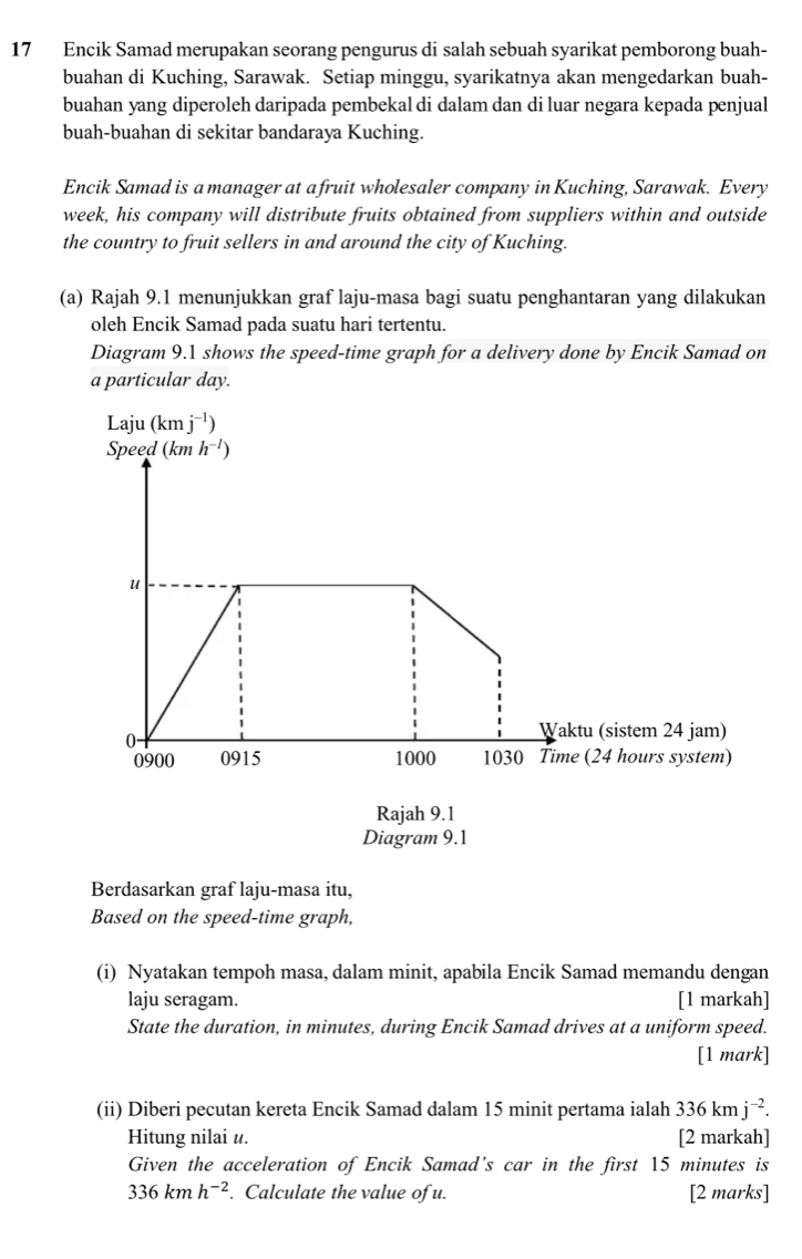 Encik Samad merupakan seorang pengurus di salah sebuah syarikat pemborong buah-
buahan di Kuching, Sarawak. Setiap minggu, syarikatnya akan mengedarkan buah-
buahan yang diperoleh daripada pembekal di dalam dan di luar negara kepada penjual
buah-buahan di sekitar bandaraya Kuching.
Encik Samad is a manager at afruit wholesaler company in Kuching, Sarawak. Every
week, his company will distribute fruits obtained from suppliers within and outside
the country to fruit sellers in and around the city of Kuching.
(a) Rajah 9.1 menunjukkan graf laju-masa bagi suatu penghantaran yang dilakukan
oleh Encik Samad pada suatu hari tertentu.
Diagram 9.1 shows the speed-time graph for a delivery done by Encik Samad on
a particular day.
Diagram 9.1
Berdasarkan graf laju-masa itu,
Based on the speed-time graph,
(i) Nyatakan tempoh masa, dalam minit, apabila Encik Samad memandu dengan
laju seragam. [1 markah]
State the duration, in minutes, during Encik Samad drives at a uniform speed.
[1 mark]
(ii) Diberi pecutan kereta Encik Samad dalam 15 minit pertama ialah 336kmj^(-2).
Hitung nilai u. [2 markah]
Given the acceleration of Encik Samad’s car in the first 15 minutes is
336kmh^(-2). Calculate the value of u. [2 marks]