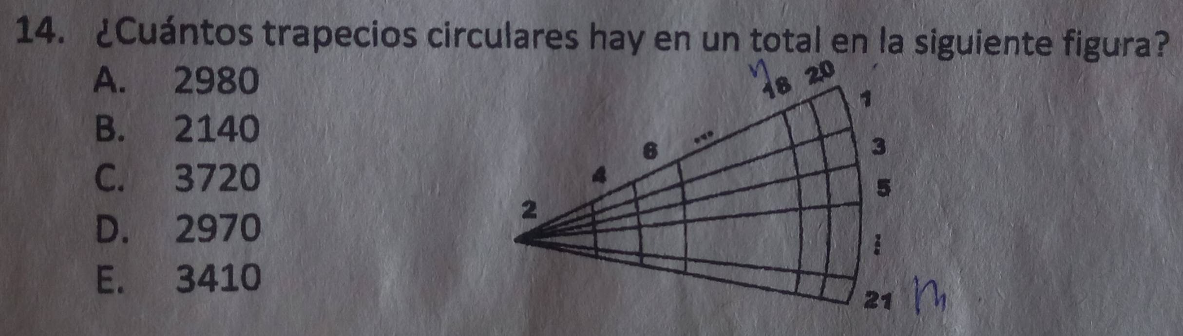 ¿Cuántos trapecios circulares hay en un total en la siguiente figura?
A. 2980
B. 2140
C. 3720
D. 2970
E. 3410