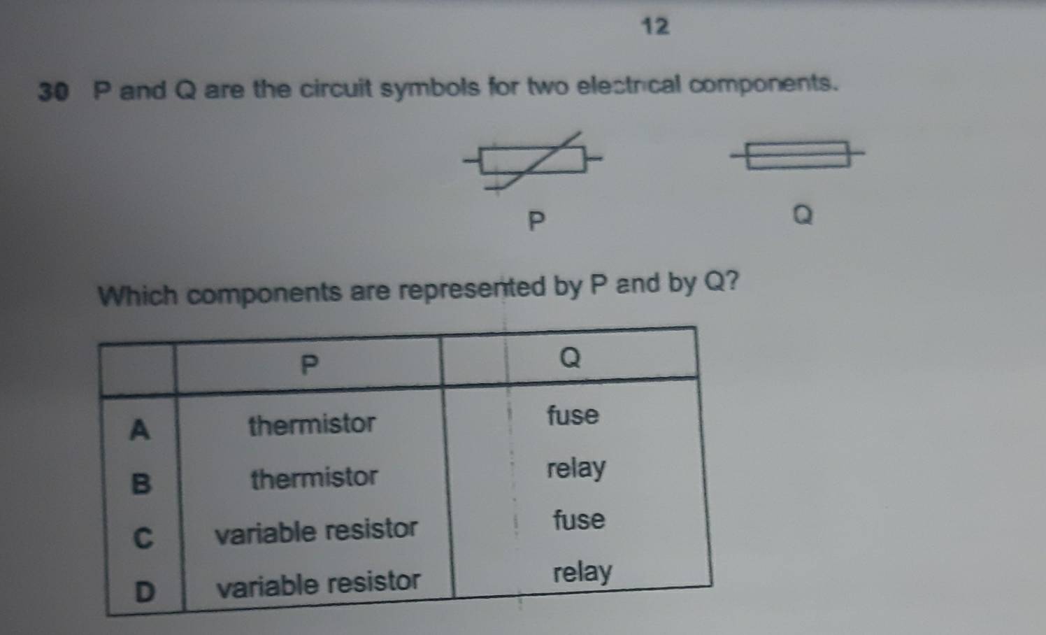 12 
30 P and Q are the circuit symbols for two electrical components.
P
Q
Which components are represented by P and by Q?