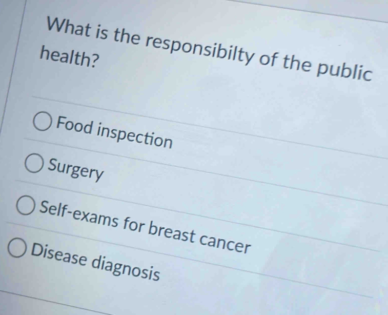 What is the responsibilty of the public
health?
Food inspection
Surgery
Self-exams for breast cancer
Disease diagnosis