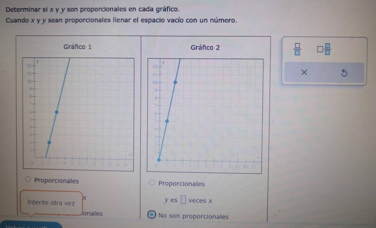 Determinar si x y y son proporcionales en cada gráfico.
Cuando x y y sean proporcionales llenar el espacio vacío con un número.
Gráfico 1 Gráfico 2
 □ /□   □  □ /□  
X
Proporcionales
Proporcionales
X
Intente otra vez y es □ veces x
onales No son proporcionales