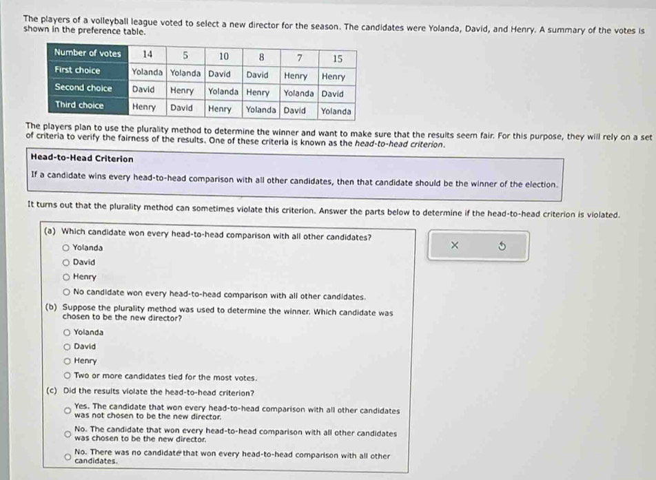 The players of a volleyball league voted to select a new director for the season. The candidates were Yolanda, David, and Henry. A summary of the votes is
shown in the preference table.
The players plan to use the plurality method to determine the winner and want to make sure that the results seem fair. For this purpose, they will rely on a set
of criteria to verify the fairness of the results. One of these criteria is known as the head-to-head criterion.
Head-to-Head Criterion
If a candidate wins every head-to-head comparison with all other candidates, then that candidate should be the winner of the election.
It turns out that the plurality method can sometimes violate this criterion. Answer the parts below to determine if the head-to-head criterion is violated.
(a) Which candidate won every head-to-head comparison with all other candidates?
Yolanda × 5
David
Henry
No candidate won every head-to-head comparison with all other candidates.
(b) Suppose the plurality method was used to determine the winner. Which candidate was
chosen to be the new director?
Yolanda
David
Henry
Two or more candidates tied for the most votes.
(c) Did the results violate the head-to-head criterion?
Yes. The candidate that won every head-to-head comparison with all other candidates
was not chosen to be the new director.
No. The candidate that won every head-to-head comparison with all other candidates
was chosen to be the new director.
No. There was no candidate that won every head-to-head comparison with all other
candidates.