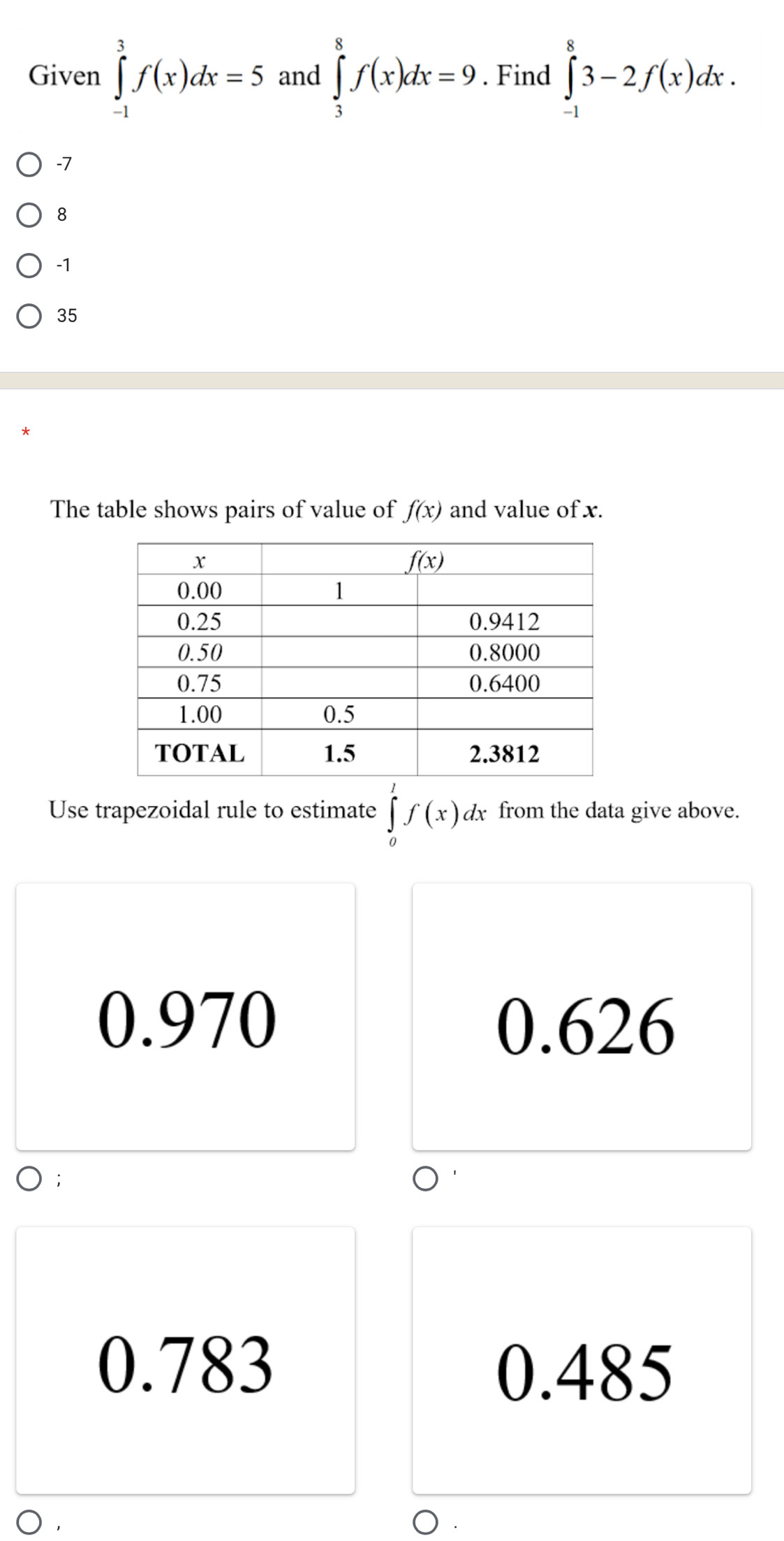 Given ∈tlimits _(-1)^3f(x)dx=5 and ∈tlimits _3^8f(x)dx=9. Find ∈tlimits _(-1)^83-2f(x)dx.
-7
8
-1
35
The table shows pairs of value of f(x) and value of x.
Use trapezoidal rule to estimate ∈tlimits _0^1f(x)dx from the data give above.
0.970 0.626
;
0.783 0.485