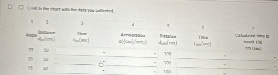 Fill in the chart with the data you collected.