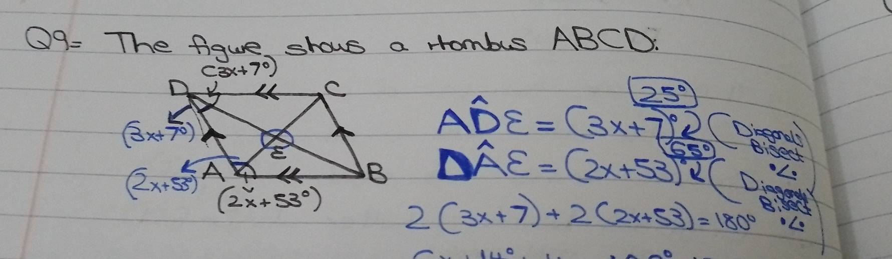 09- The figue, shows a rombus ABCD.
(3x+70)
25°
Awidehat DE=(3x+7)^circ 
Dwidehat AE=(2x+53)^circ R(
2(3x+7)+2(2x+53)=180° L