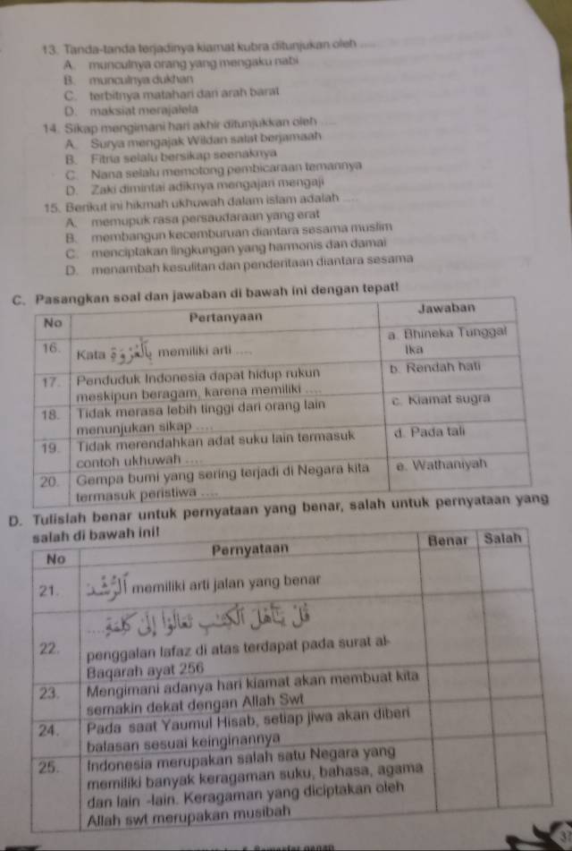 Tanda-tanda terjadinya kiamat kubra ditunjukan oleh
A. munculnya orang yang mengaku nabi
B. munculnya dukhan
C. terbitnya matahari dan arah barst
D. maksiat merajalela
14. Sikap mengimani hari akhir ditunjukkan oleh
A. Surya mengajak Wildan salat berjamaah
B. Fitria selalu bersikap seenaknya
C. Nana selalu memotong pembicaraan temannya
D. Zaki dimintai adiknya mengajari mengaji
15. Berikut ini hikmah ukhuwah dalam islam adalah
A. memupuk rasa persaudaraan yang erat
B. membangun kecemburuan diantara sesama muslim
C. menciptakan lingkungan yang harmonis dan damai
D. menambah kesulitan dan penderitaan diantara sesama
ngan tepat!
D untuk pe
37