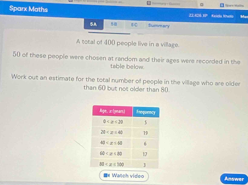 Romeary - Cuss = Siparx Malls
Sparx Maths overline CE Keída Xhelo Mer
22,426
5A 5B 5C Summary
_
A total of 400 people live in a village.
50 of these people were chosen at random and their ages were recorded in the
table below.
Work out an estimate for the total number of people in the village who are older
than 60 but not older than 80.
Watch video Answer