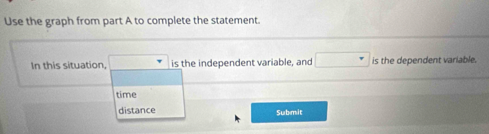 Use the graph from part A to complete the statement. 
In this situation, 10000 is the independent variable, and □ is the dependent variable. 
time 
distance Submit