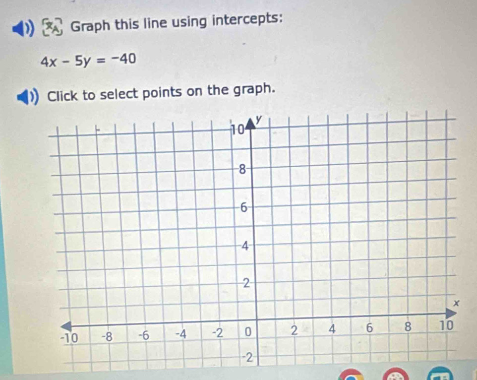 Graph this line using intercepts:
4x-5y=-40
Click to select points on the graph.