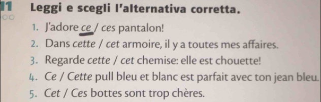 Leggi e scegli l'alternativa corretta. 
1. J’adore ce / ces pantalon! 
2. Dans cette / cet armoire, il y a toutes mes affaires. 
3. Regarde cette / cet chemise: elle est chouette! 
4. Ce / Cette pull bleu et blanc est parfait avec ton jean bleu. 
5. Cet / Ces bottes sont trop chères.