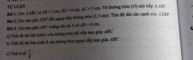 tự luận 
Bài 1. Cho △ ABC có AB=3cm, BC=4cm, AC=5cm. Vẽ đường tròn (O) nội tiếp △ ABC
Bài 2. Cho tam giác DEF đều ngoại tiếp đường tròn (/; 3 cm). Tìm độ dài các cạnh của △ DEF. 
Bài 3. Cho tam giác ABC vuông cân tại A có AB=6cm. 
a) Tính độ dài bán kính ở của đường tròn nội tiếp tam giác ABC
b) Tính độ dài bán kính R của đường tròn ngoại tiếp tam giác ABC
c) Tính tỉ số  r/R 