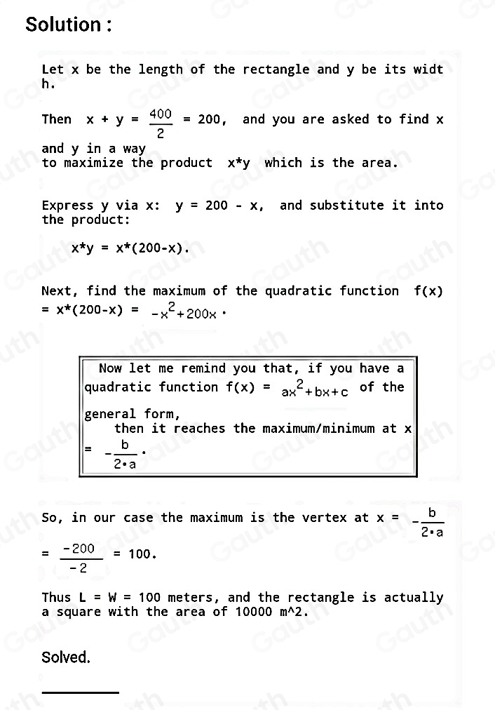Solved: A rectangular field is to be enclosed by 400m of fence. Find ...
