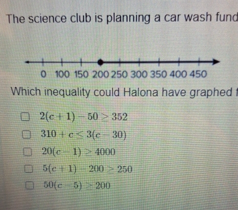 The science club is planning a car wash fund
Which inequality could Halona have graphed 1
2(c+1)-50≥ 352
310+c≤ 3(c-30)
20(c-1)>4000
5(c+1)-200>250
50(c-5)>200