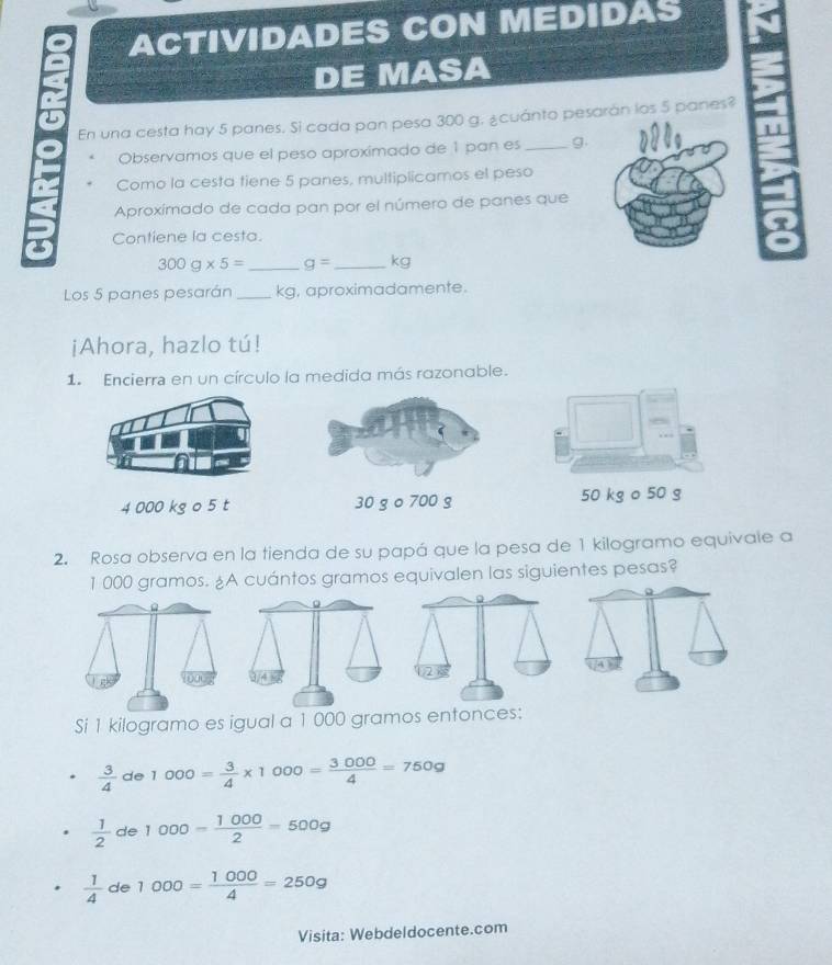 ACTIVIDADES CON MEDIDAS
DE MASA
En una cesta hay 5 panes. Si cada pan pesa 300 g. ¿cuánto pesarán los 5 panes?
Observamos que el peso aproximado de 1 pan es _g.
Como la cesta tiene 5 panes, multiplicamos el peso
Aproxímado de cada pan por el número de panes que
Contiene la cesta.
300g* 5= _ g= _  kg
Los 5 panes pesarán _ kg, aproximadamente.
¡Ahora, hazlo tú!
1. Encierra en un círculo la medida más razonable.
4 000 kg o 5 t 30 g o 700 g 50 kg o 50 g
2. Rosa observa en la tienda de su papá que la pesa de 1 kilogramo equivale a
1 000 gramos. ¿A cuántos gramos equivalen las siguientes pesas?
2
Si 1 kilogramo es igual a 1 000 gramos entonces:
 3/4  de 1000= 3/4 * 1000= 3000/4 =750g
 1/2  de 1000= 1000/2 =500g
 1/4  de 1000= 1000/4 =250g
Visita: Webdeldocente.com