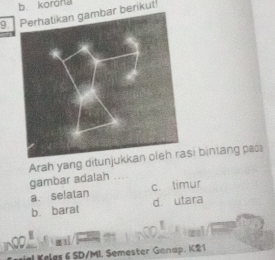 b. korona
9. Perhatikan gambar berikut!
Arah yang ditunjuksi bintang pac
gambar adalah ....
a. selatan c. timur
b. barat d. utara
Kelgs 6 SD/MI. Semester Genap. K21