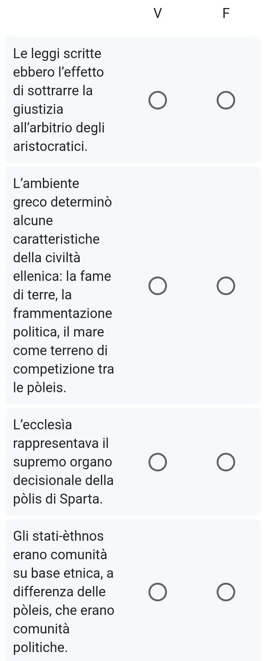 Le leggi scritte
ebbero l’effetto
di sottrarre la
giustizia
all’arbitrio degli
aristocratici.
L’ambiente
greco determinò
alcune
caratteristiche
della civiltà
ellenica: la fame
di terre, la
frammentazione
politica, il mare
come terreno di
competizione tra
le pòleis.
L'ecclesía
rappresentava il
supremo organo
decisionale della
pòlis di Sparta.
Gli stati-èthnos
erano comunità
su base etnica, a
differenza delle
pòleis, che erano
comunità
politiche.