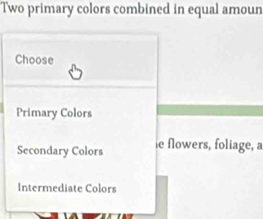 Two primary colors combined in equal amoun
Choose
Primary Colors
Secondary Colors le flowers, foliage, a
Intermediate Colors