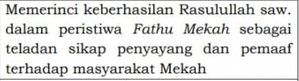 Memerinci keberhasilan Rasulullah saw. 
dalam peristiwa Fathu Mekah sebagai 
teladan sikap penyayang dan pemaaf 
terhadap masyarakat Mekah